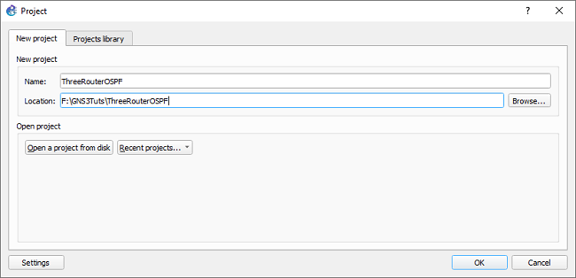 The image shows the Project Dialog in GNS3. The New Project tab is selected and ThreeRoutersOSPF is the project name.