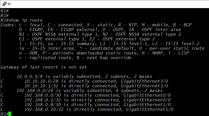 A static image showing the output of 'show ip route' on a Cisco router. There are two route groups, one for the 10.10.10.0 network, and one for the 192.168.0.0 network.