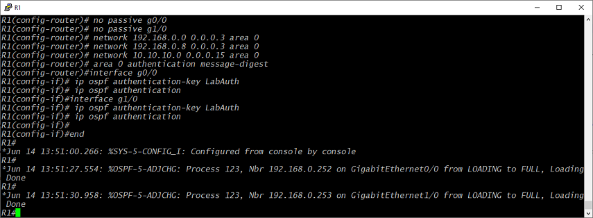 A screenshot that shows a router being configured with PuTTY. The console is open, configuration mode is started, and then the router ospf command is used to configure OSPF.