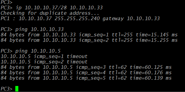 A static image showing a screenshot of a GNS3 virtual PC's console. The IP address 10.10.10.37 is applied, and then two ICMP echo ping commands are used to test connectivity to destinations.