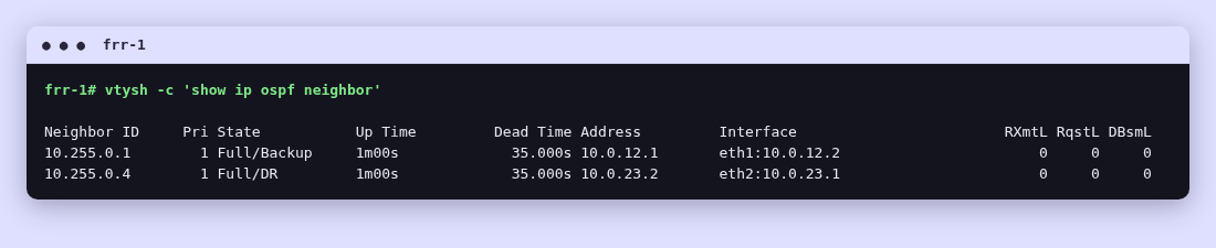 Terminal output of 'show ip ospf neighbor' on frr-1, showing two neighbors in Full state.
