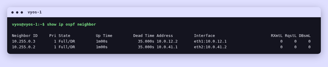 Terminal output of 'show ip ospf neighbor' on vyos-1, showing two neighbors in Full state.