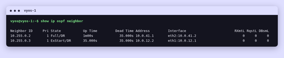 Terminal output of 'show ip ospf neighbor' on vyos-1, showing the frr-1 neighbor stuck in ExStart state while the vyos-2 neighbor is Full.