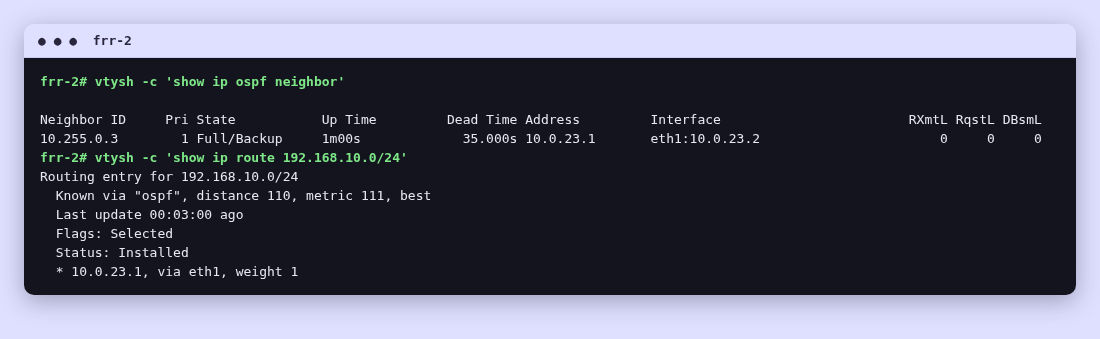 Terminal output on frr-1 during the outage: 'show ip ospf neighbor' shows one neighbor, and 'show ip route 10.255.0.4' shows the route via 10.0.12.1.